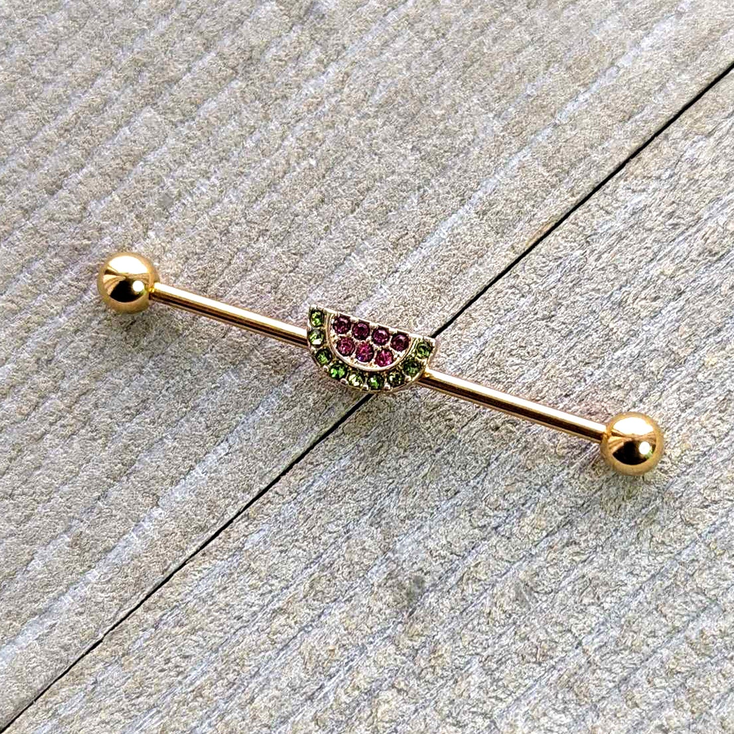 14G Pink Green Gem Gold Hue Watermelon Yum Industrial Barbell 38mm