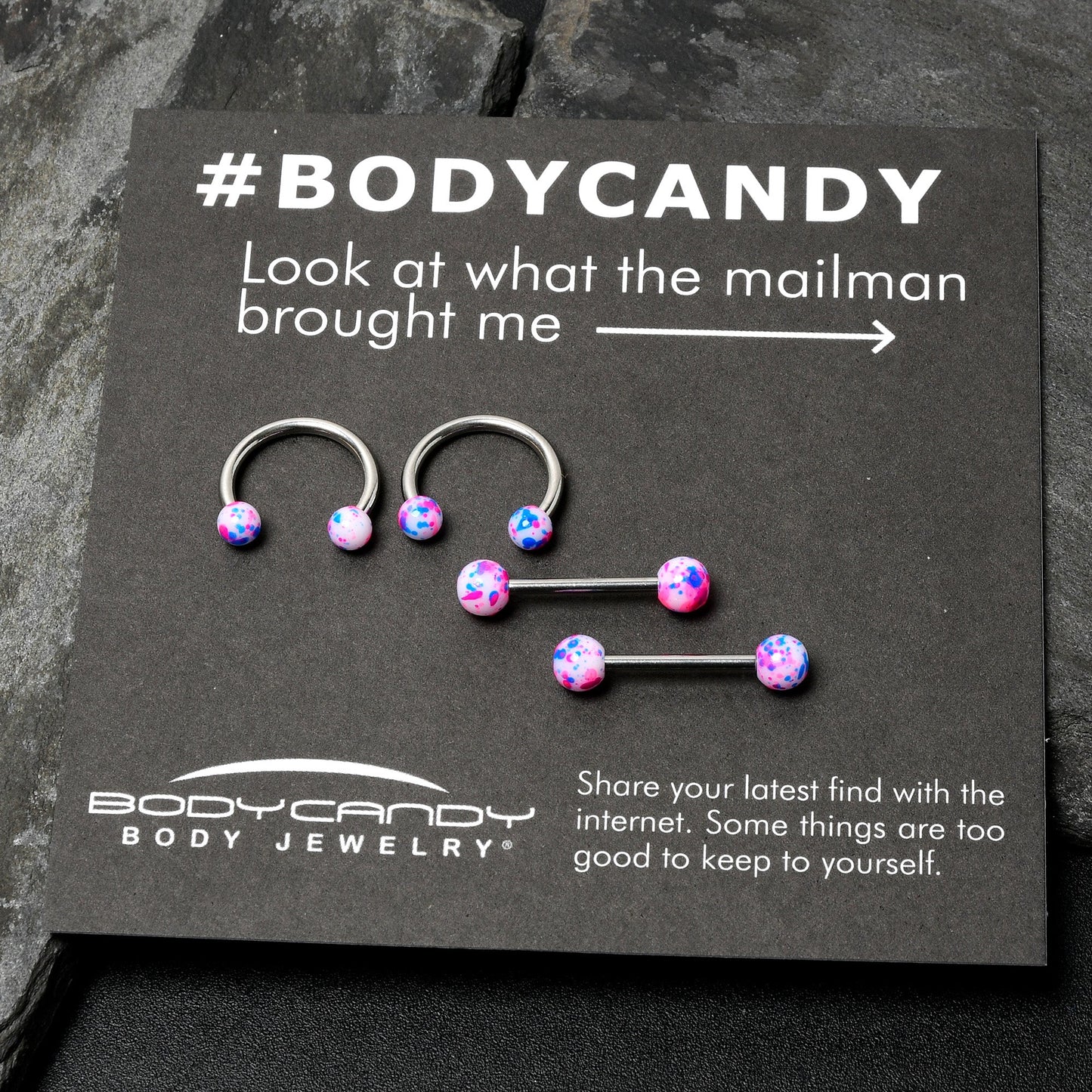 14G 9/16 1/2 Splatter Blue Pink Barbell Horseshoe Nipple Ring Set of 4
