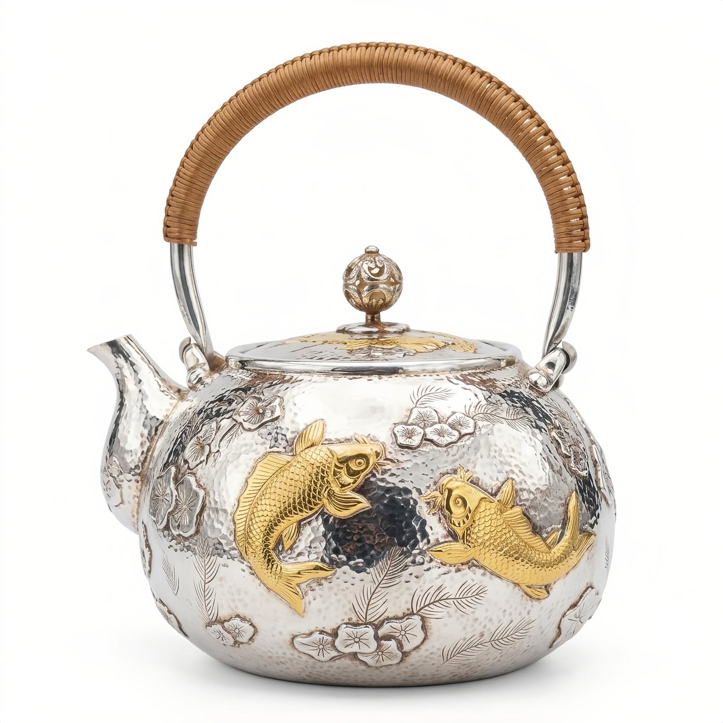 925 Sterling Silver Exquisite Silver Teapot Featuring Handcrafted Gilded Carp and Intricate Floral Motifs - Handicraft
