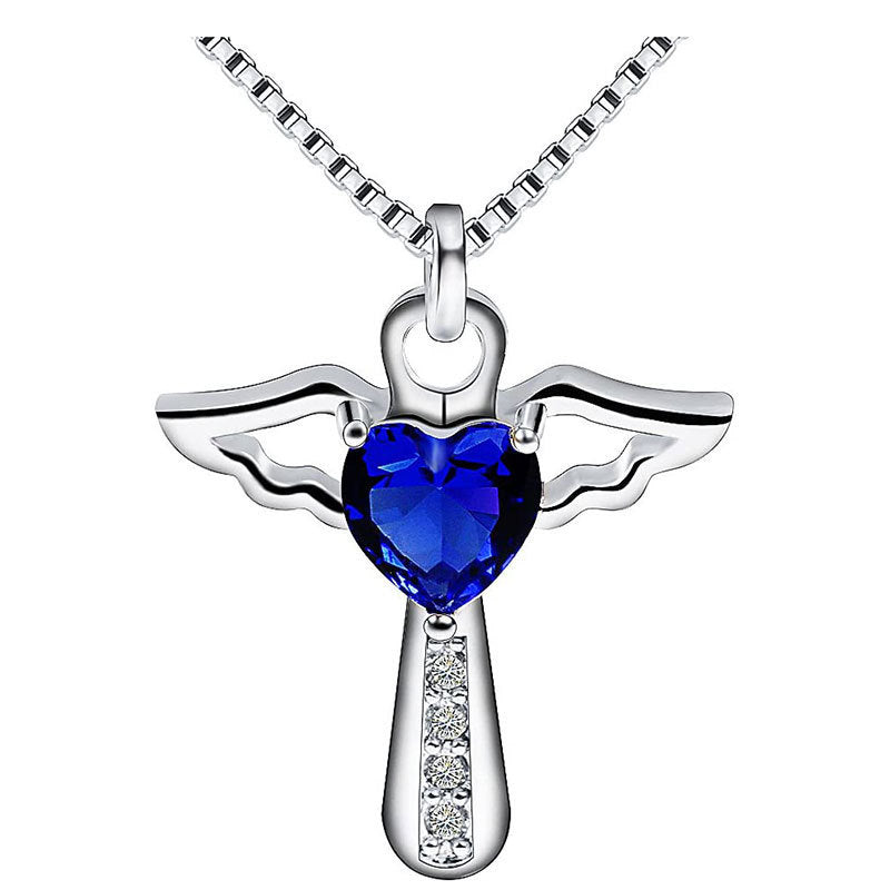 European And American Necklace Cross-border Amazon WISH Cross Wings Peach Heart Necklace Multi-color Zircon Crystal Pendant For Women