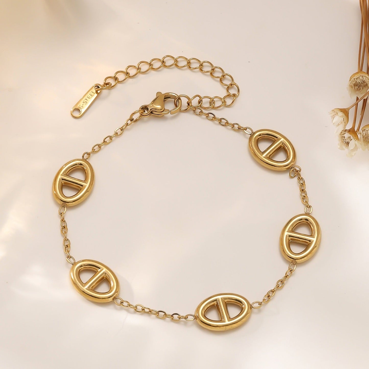 18K Gold Pig Nose Necklace and Bracelet Set