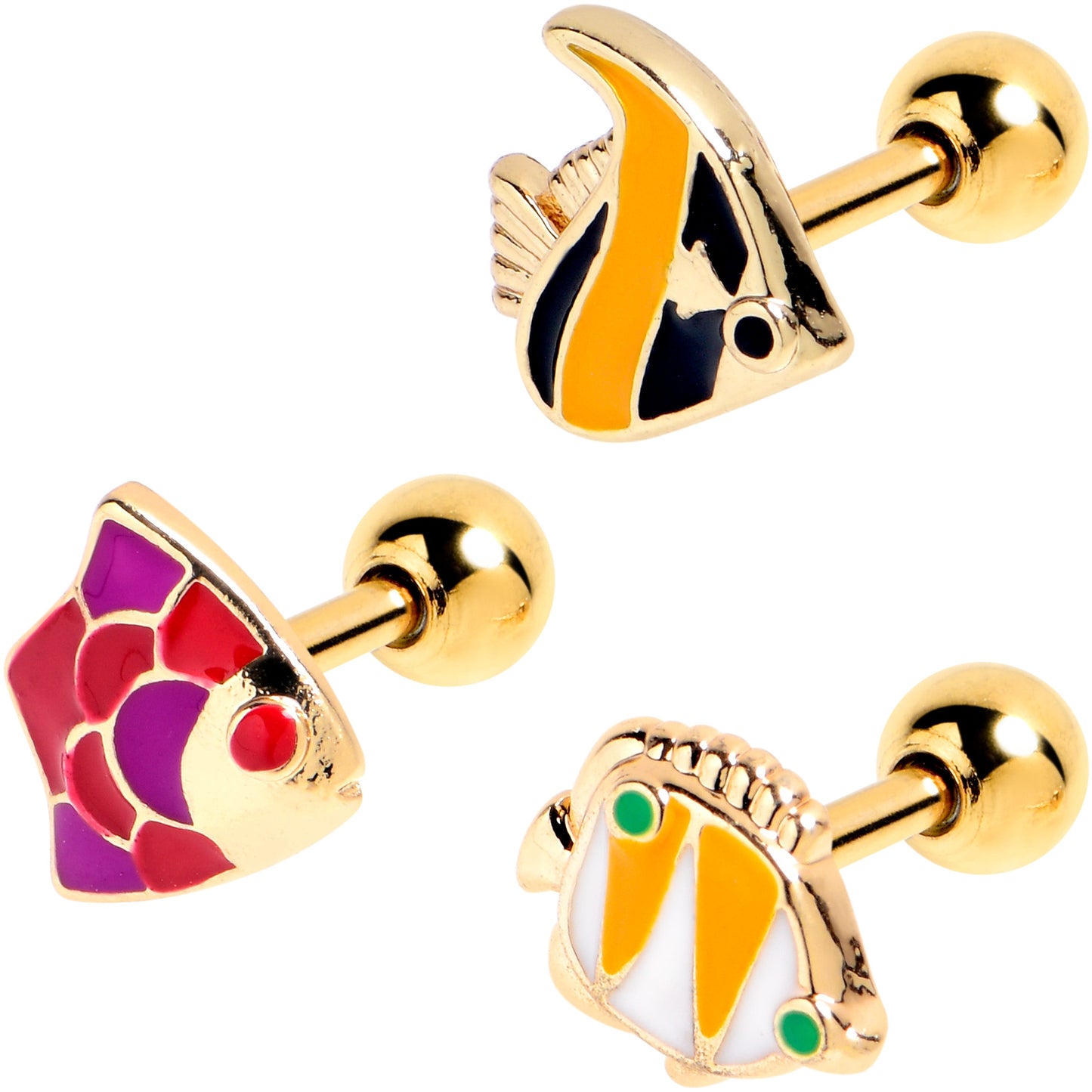 16G 1/4 Gold Tone Tropical Fish Cartilage Tragus Earring Set of 3