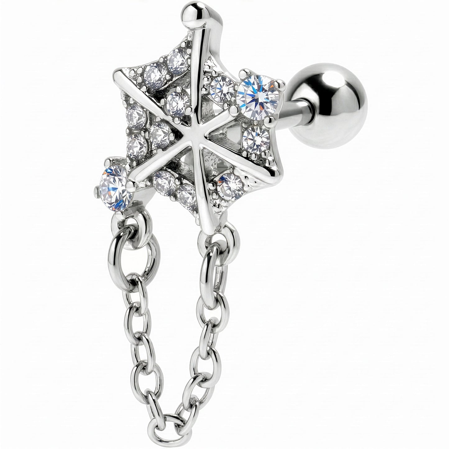 16G 1/4 Clear Gem Spiderweb Chain Dangle Cartilage Tragus Earring