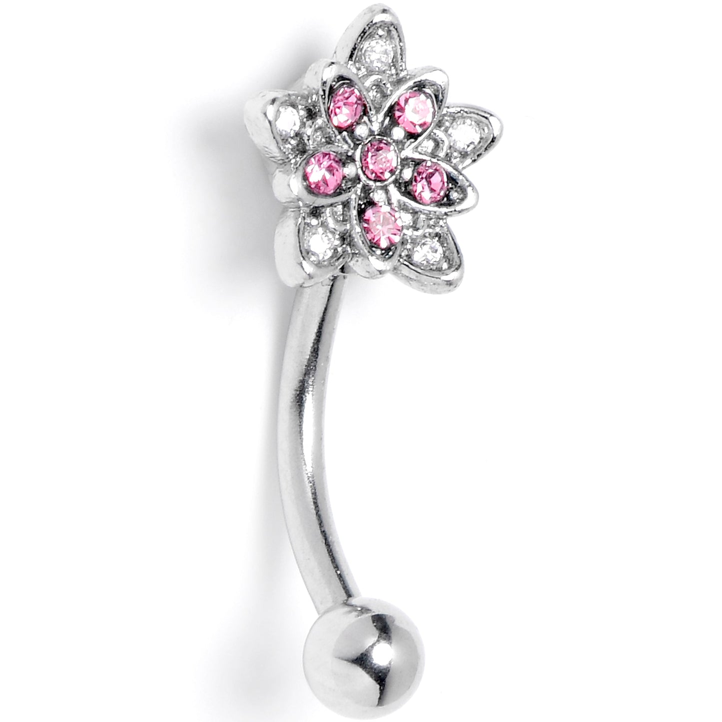 16G 5/16 Clear Pink CZ Gem Snowflake Flower Curved Eyebrow Ring