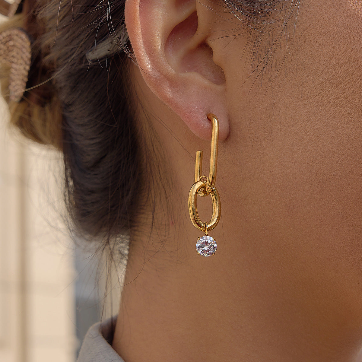 Stainless Steel Zircon Drop Hoop Earrings
