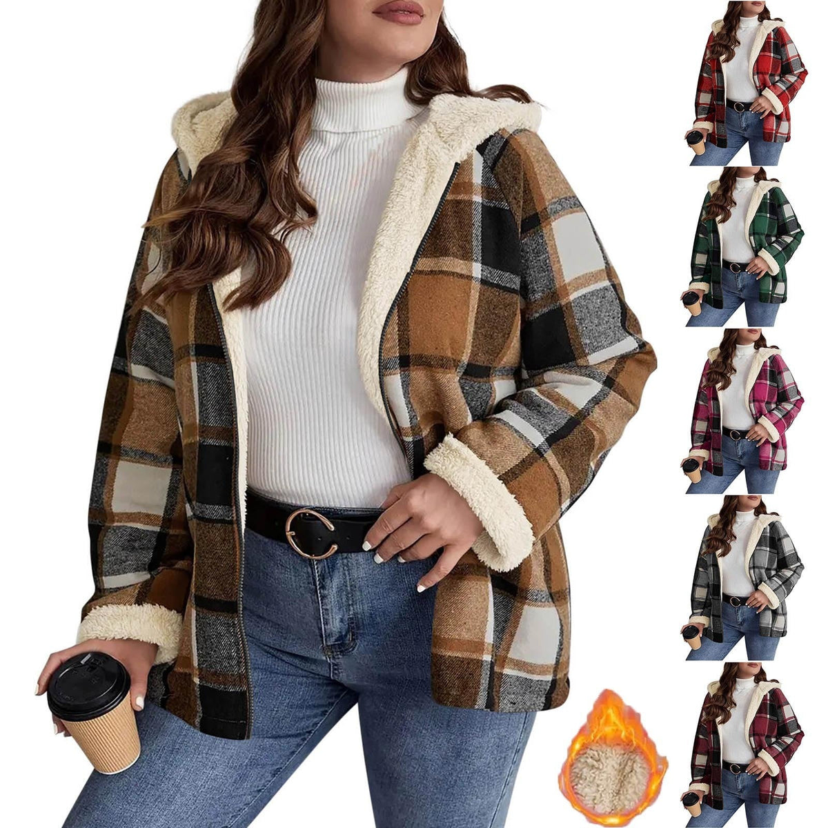 Plaid Printed Coat Fleece-lined Thickened Composite Hooded