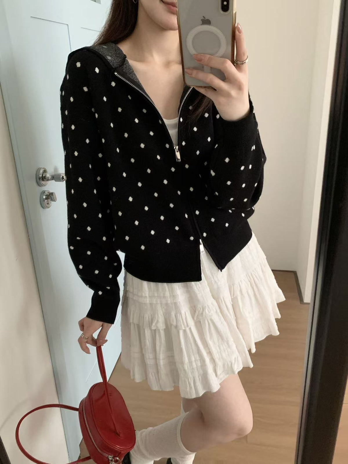 Korean-style Color-blocked Polka-dot Fine-gauge Knit Hooded Short Top, Double-zip Loose Slimming Cardigan Sweater Coat For Women