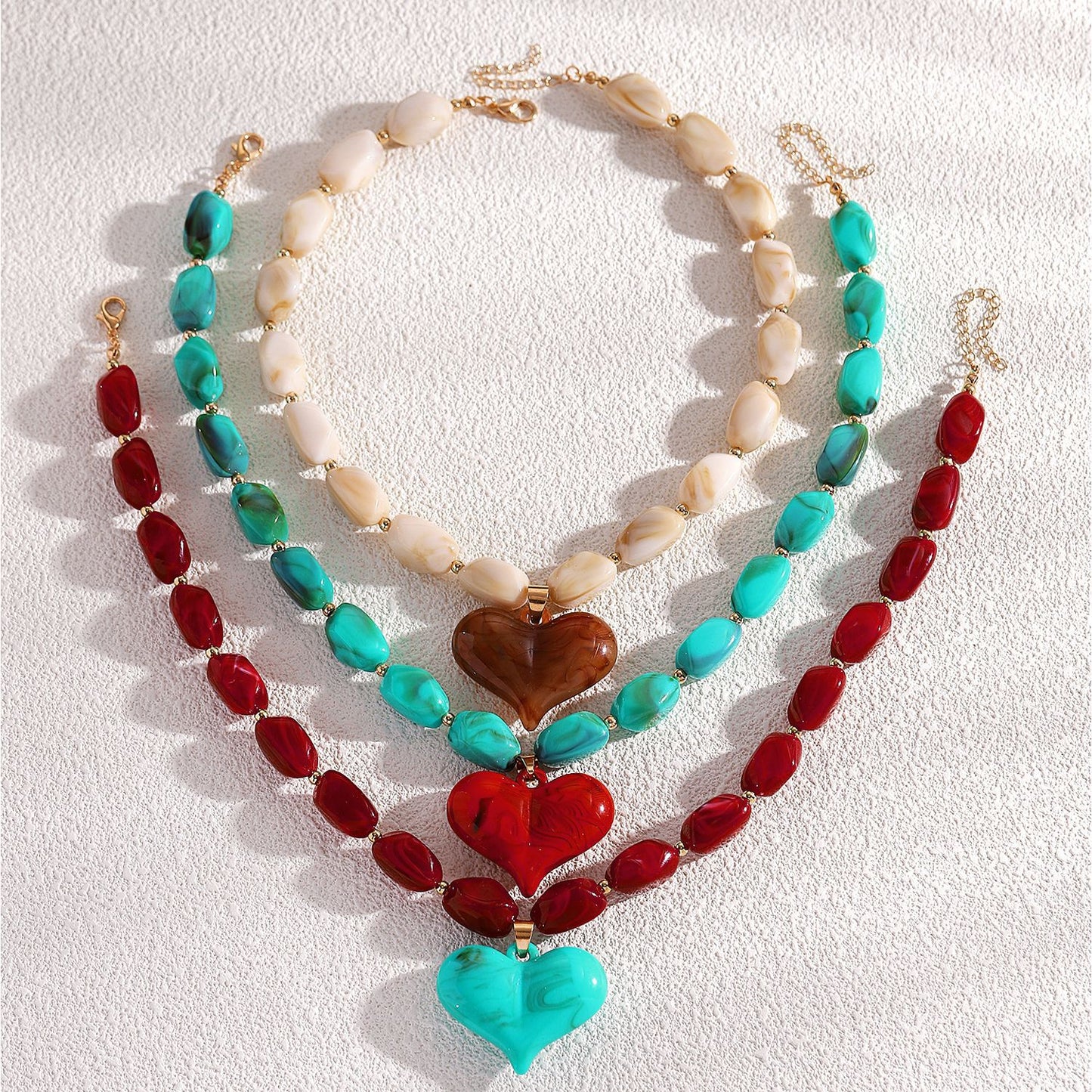 European And American-style Beaded Resin Heart Necklace Vintage
