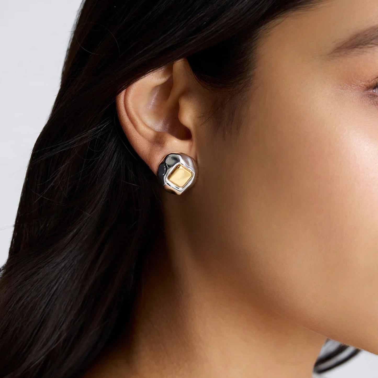 18K gold geometric inlay with gold and silver color matching design unique personality earrings