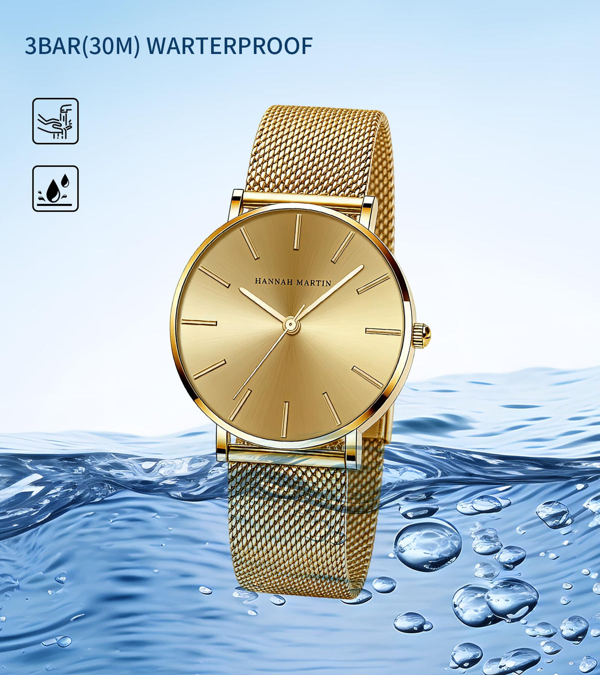 HANNAH MARTIN Watches for Women Analog Women's Watch with Stainless Steel Expansion Band Minimalist Slim Dial 30M Waterproof Ladies Dress Wristwatch for Casual Daily Business