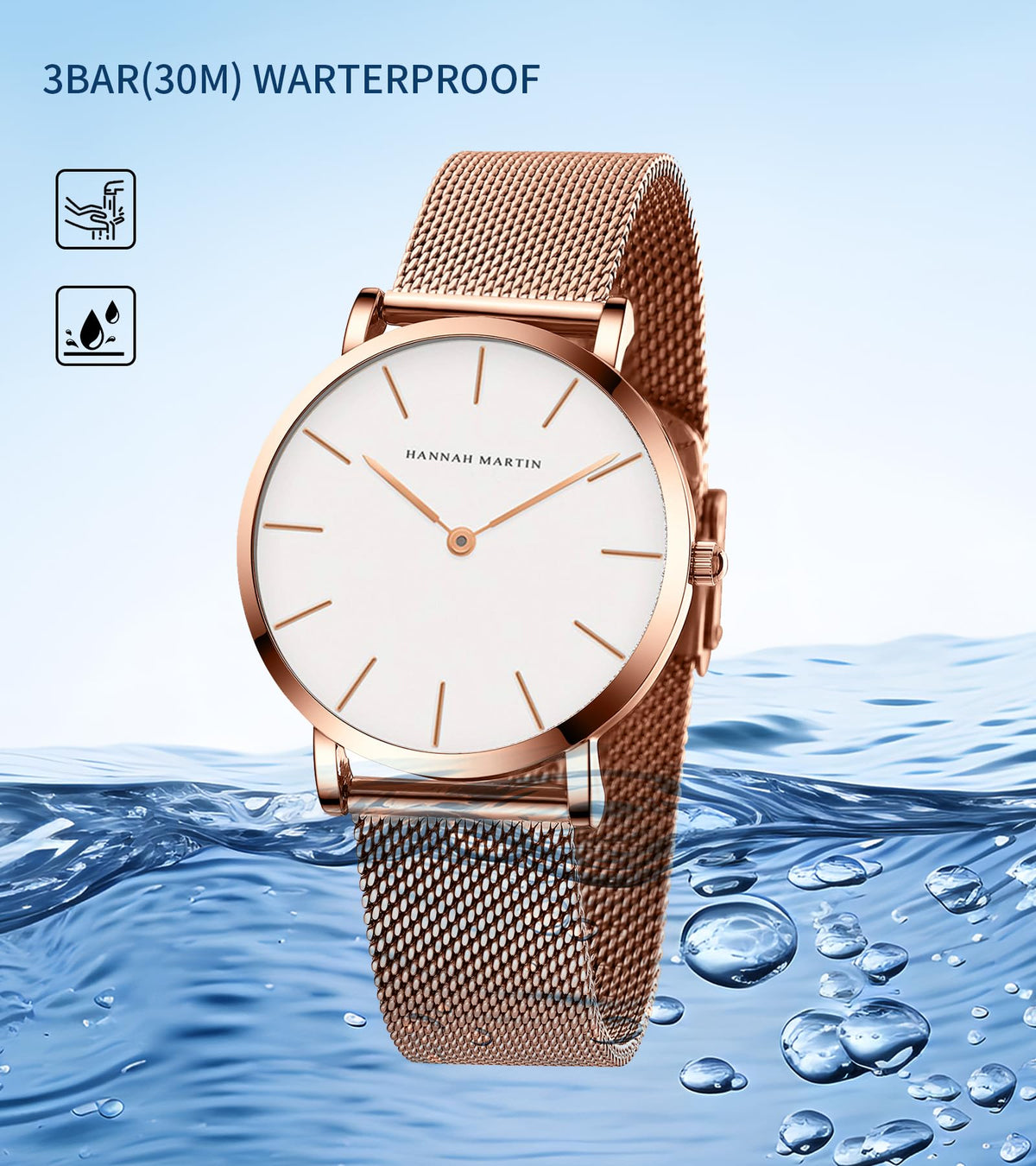 HANNAH MARTIN Watches for Women Analog Women's Watch with Stainless Steel Expansion Band Minimalist Slim Dial 30M Waterproof Ladies Dress Wristwatch for Casual Daily Business