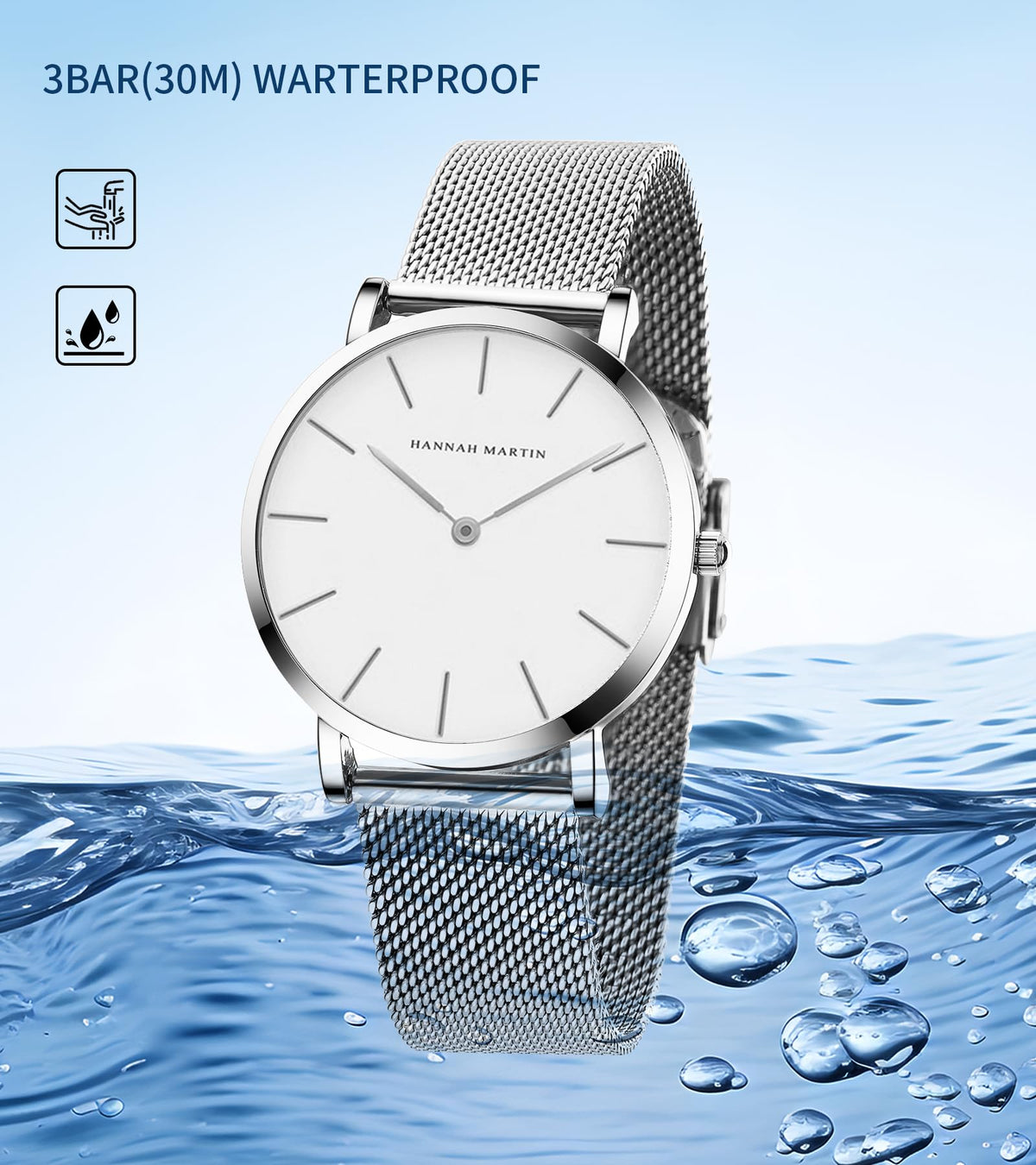 HANNAH MARTIN Watches for Women Analog Women's Watch with Stainless Steel Expansion Band Minimalist Slim Dial 30M Waterproof Ladies Dress Wristwatch for Casual Daily Business