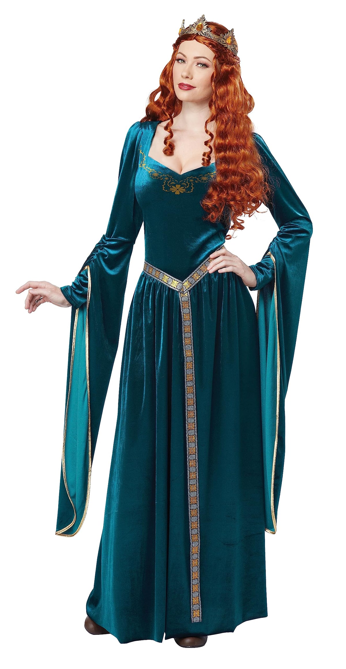 Lady Guinevere Costume - Women's Medieval Teal Dress with Crown and Belt