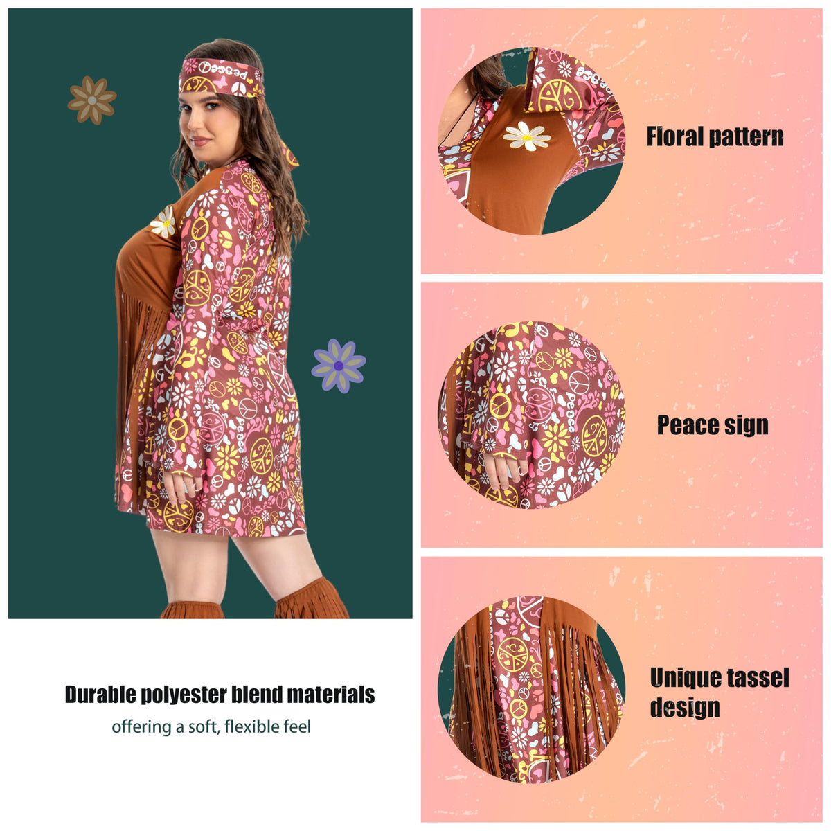 Plus Size Hippie Costume - Women's 70s Floral Dress with Accessories