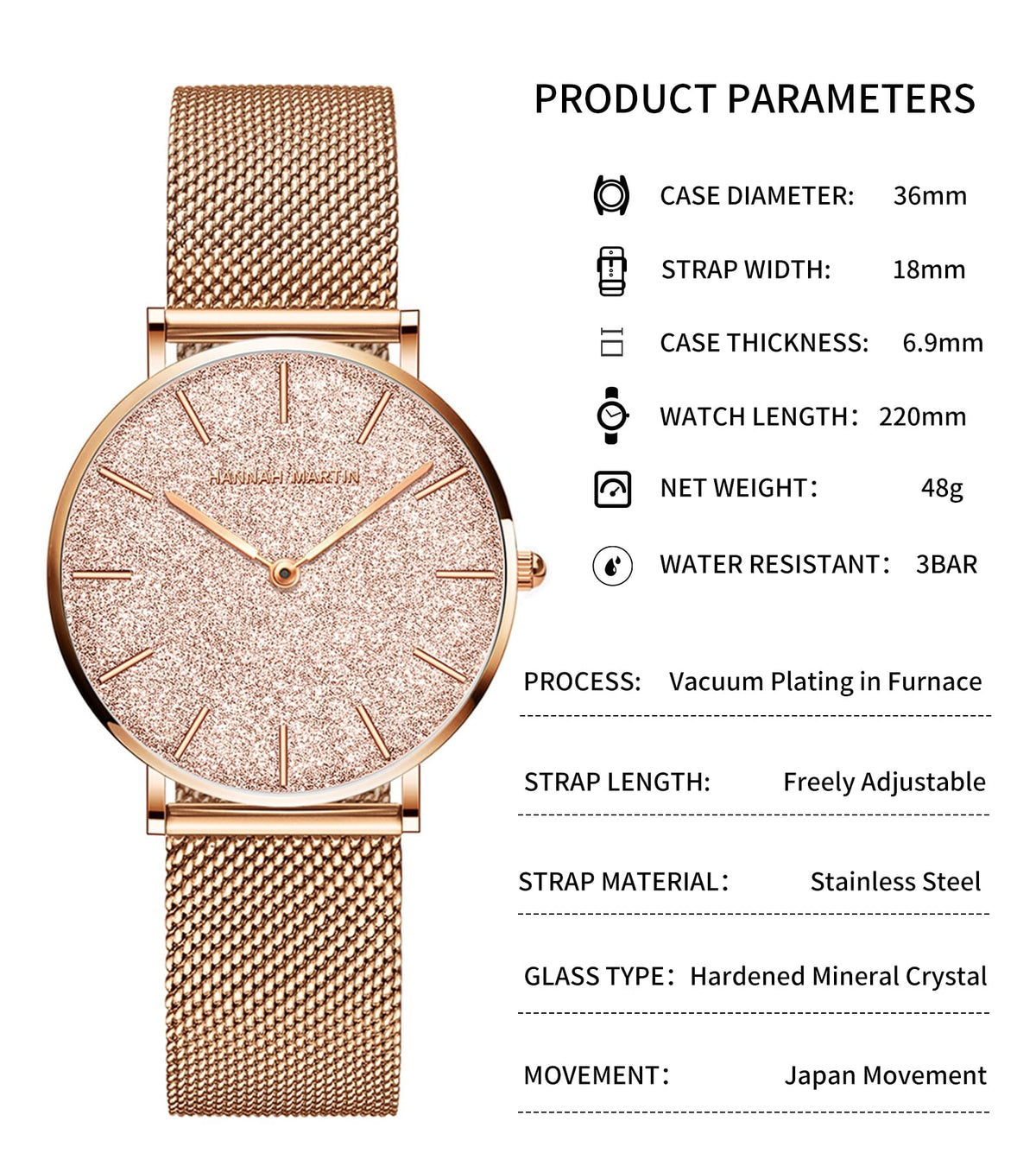 HANNAH MARTIN Watches for Women Analog Women's Watch with Stainless Steel Expansion Band Minimalist Slim Dial 30M Waterproof Ladies Dress Wristwatch for Casual Daily Business