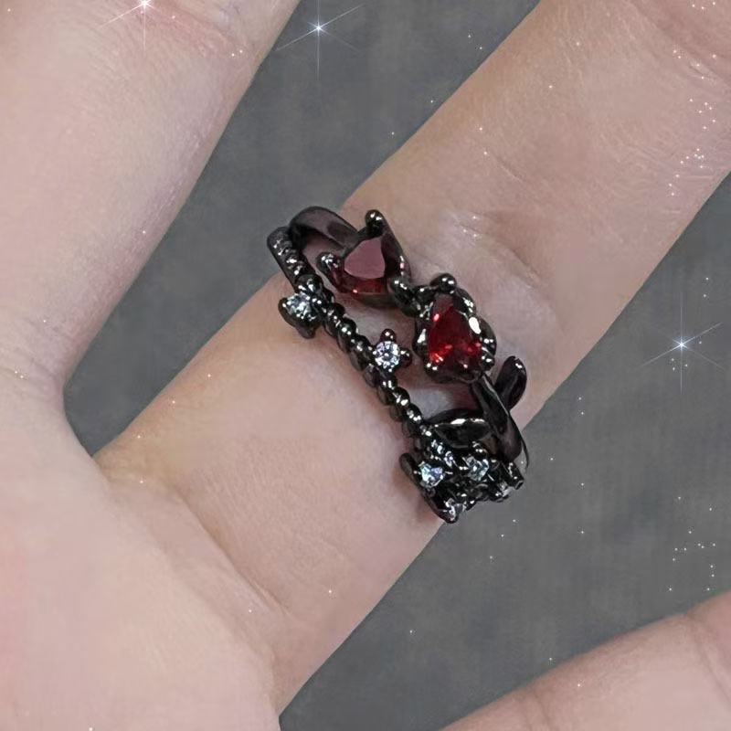 Gothic Cross Red Zircon Open Ring - Y2K Subculture Jewelry