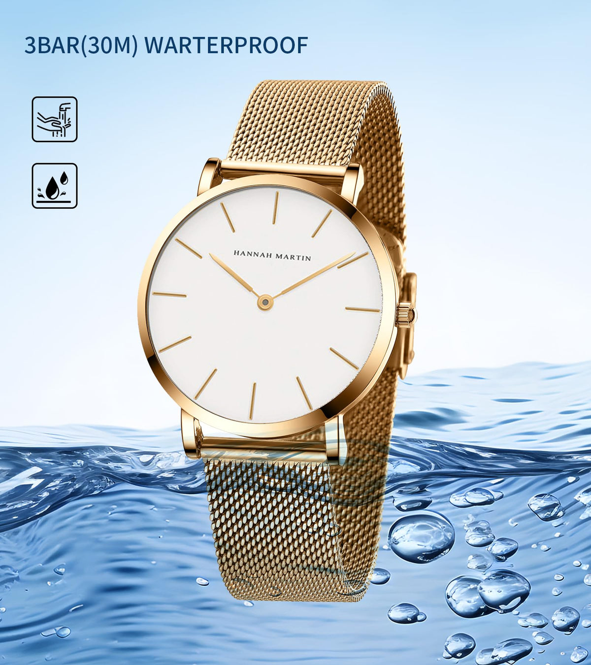 HANNAH MARTIN Watches for Women Analog Women's Watch with Stainless Steel Expansion Band Minimalist Slim Dial 30M Waterproof Ladies Dress Wristwatch for Casual Daily Business