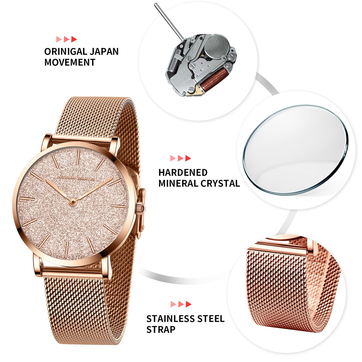 HANNAH MARTIN Watches for Women Analog Women's Watch with Stainless Steel Expansion Band Minimalist Slim Dial 30M Waterproof Ladies Dress Wristwatch for Casual Daily Business