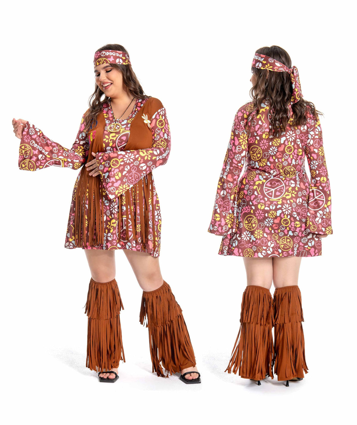 Plus Size Hippie Costume - Women's 70s Floral Dress with Accessories