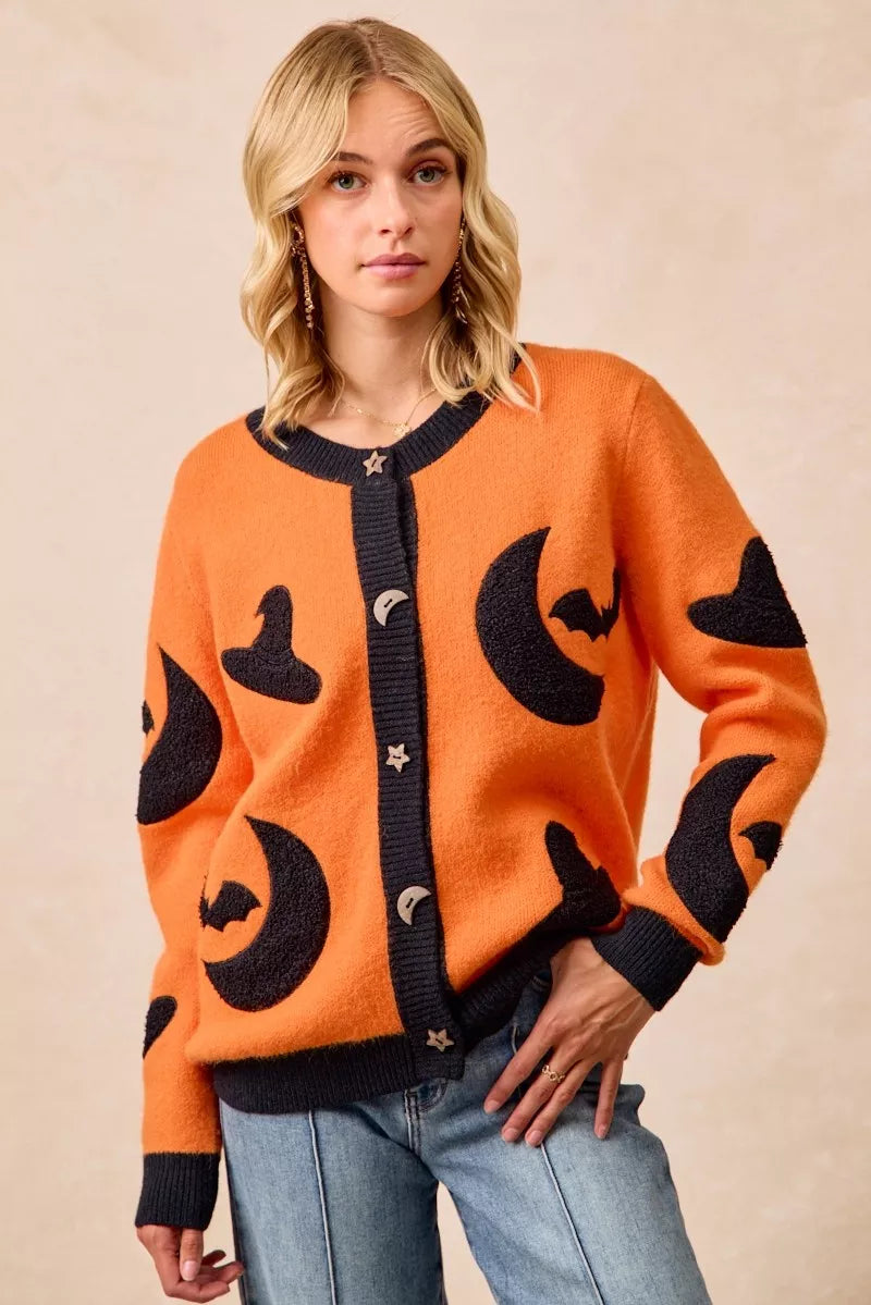 BiBi Halloween Witch Hat Moon Bat Artwork Cardigan