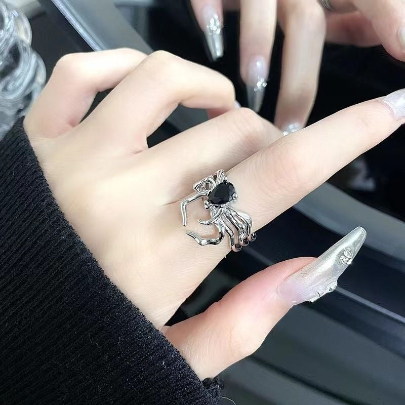 Dark Retro Black Gem Spider Nail Ring, Niche Design Advanced Cool Style Open Adjustable Ring