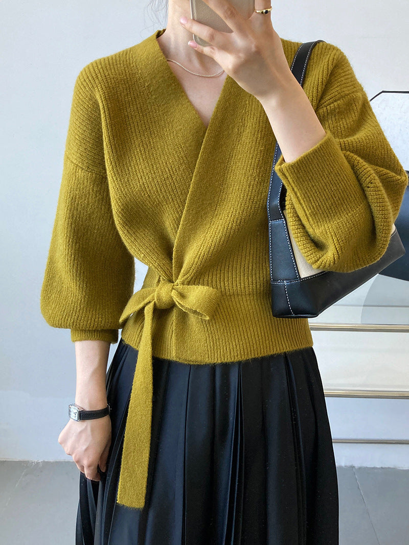 French-style Vintage Collar Lace-up Loose-fitting Knit Cardigan For Outerwear