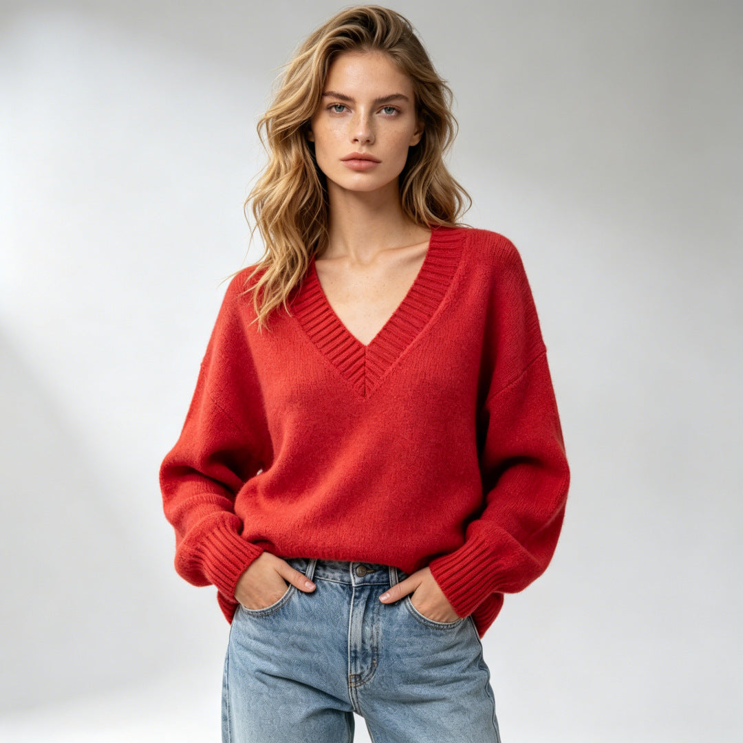 Women's Loose-fit V-neck Casual All-match Knit Sweater
