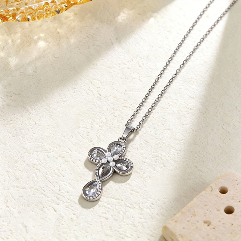 Stainless Steel Inlaid Rhinestone Cross Pendant Necklace