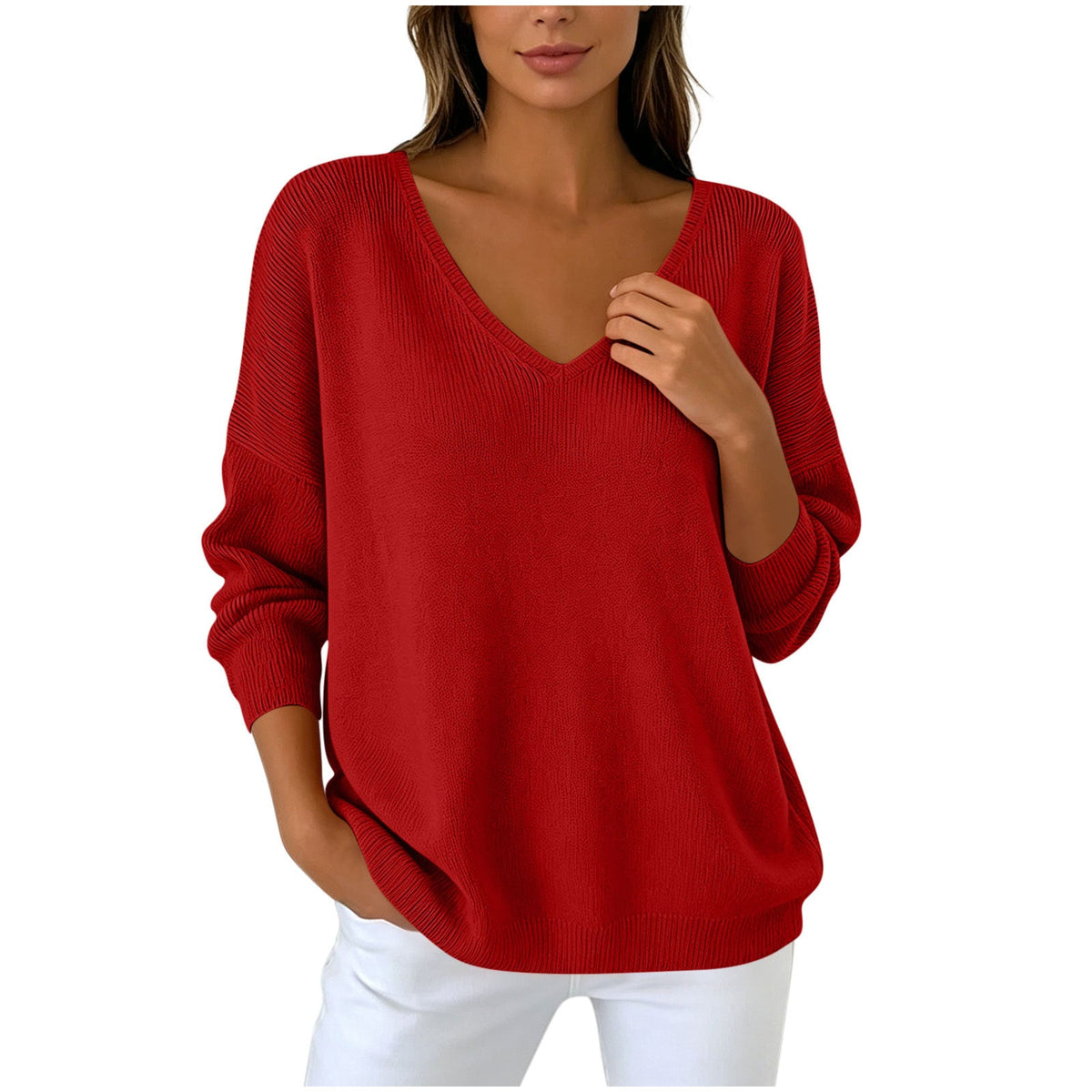 Autumn Winter Women's V-neck Long Sleeved Knitted Sweater Large Loose Shoulder Solid Color Top For Women