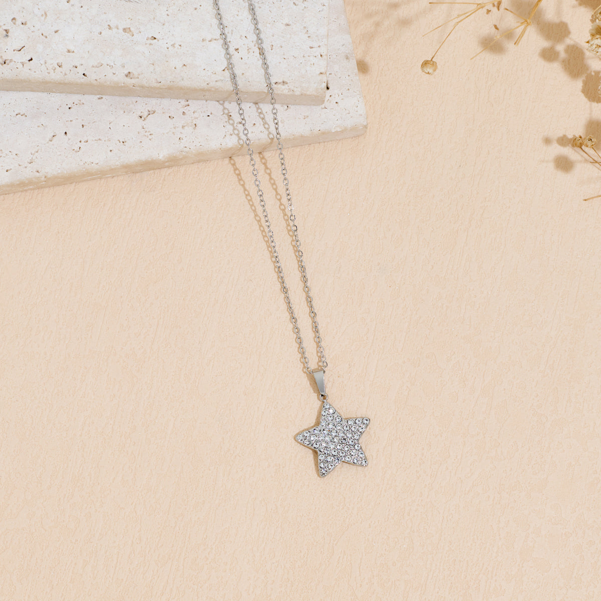 Stainless Steel Inlaid Zircon Star Pendant Necklace