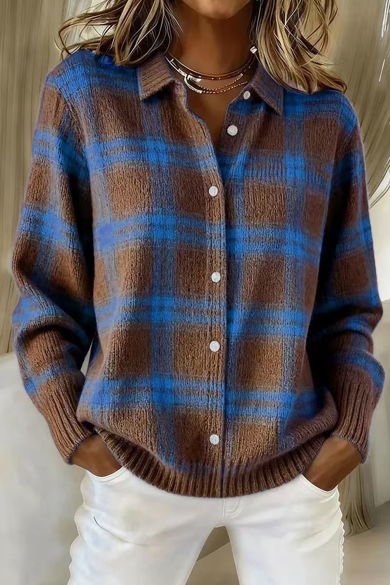 European And American Cross-Border Amazon Independent Station Women's Casual Loose Autumn And Winter Plaid Long-Sleeved Lapel Shirt Sweater Cardigan