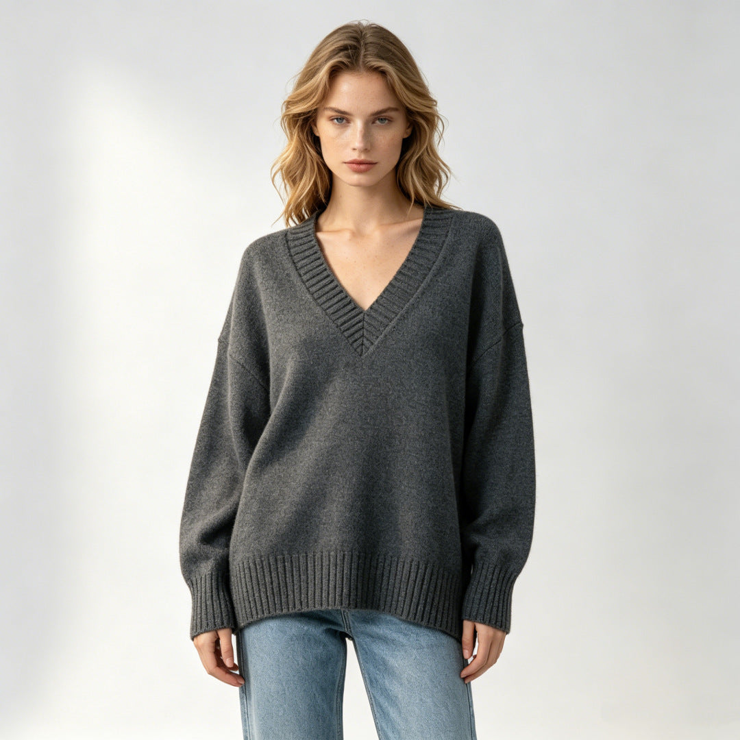 Women's Loose-fit V-neck Casual All-match Knit Sweater