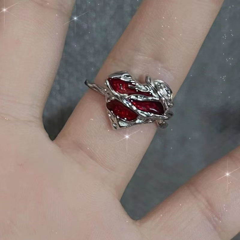 Gothic Cross Red Zircon Open Ring - Y2K Subculture Jewelry