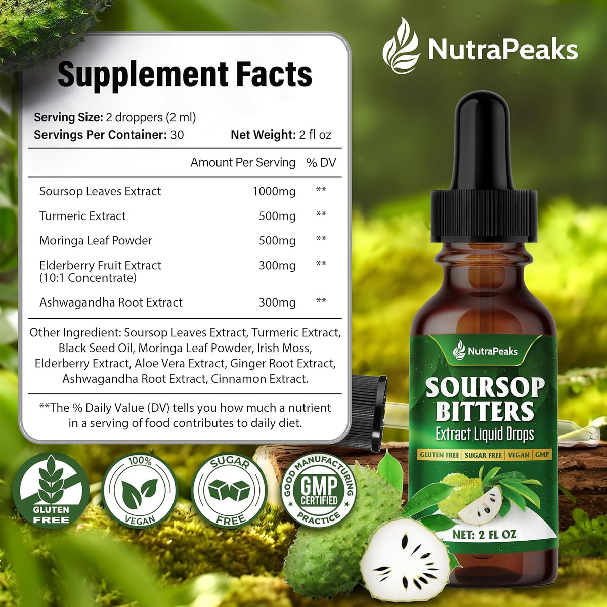 Soursop Bitters Liquid Drops – Premium Herbal Blend with Soursop Leaves, Black Seed, Moringa, Ashwagandha, Senna, Goat Weed & Ginger, 2 fl oz