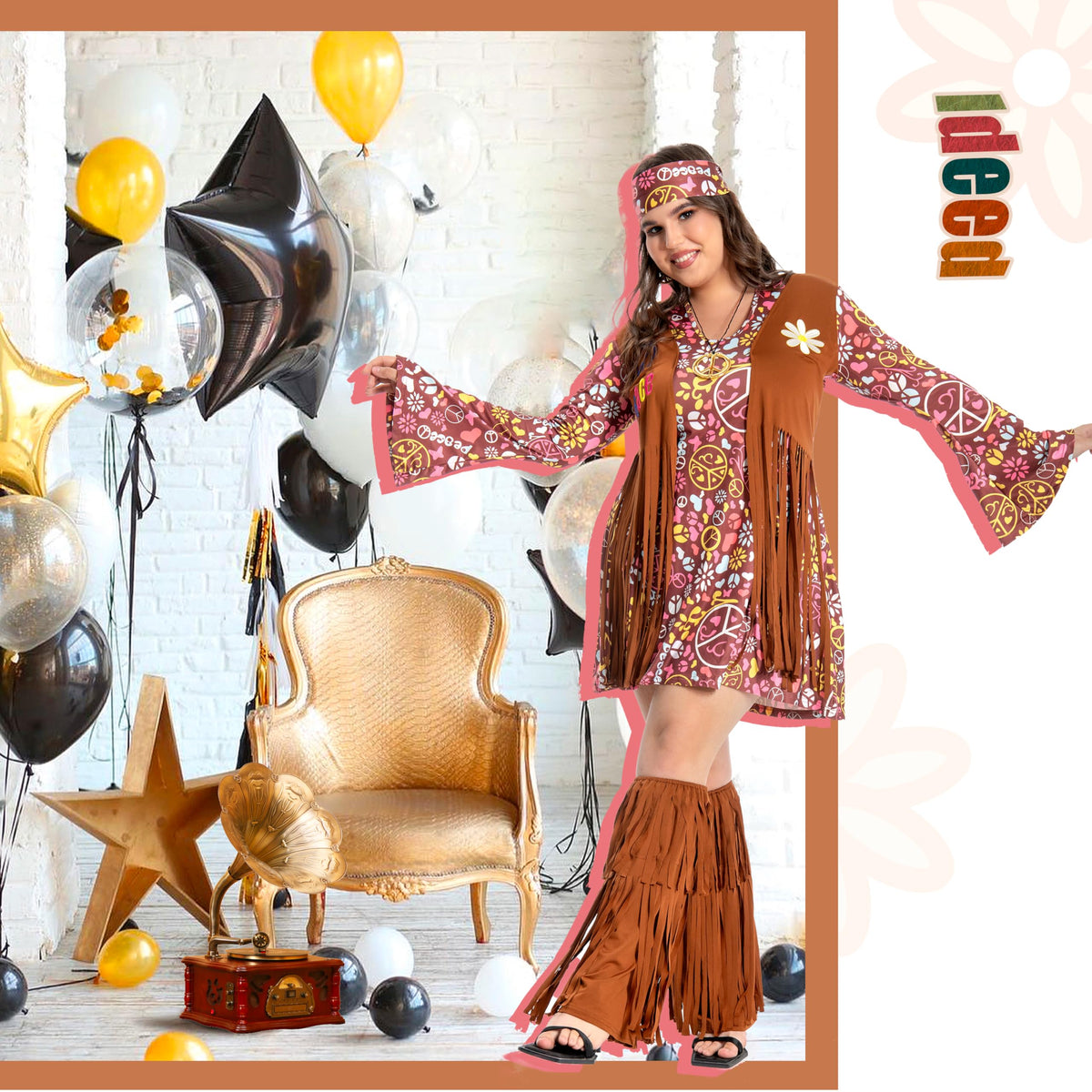 Plus Size Hippie Costume - Women's 70s Floral Dress with Accessories