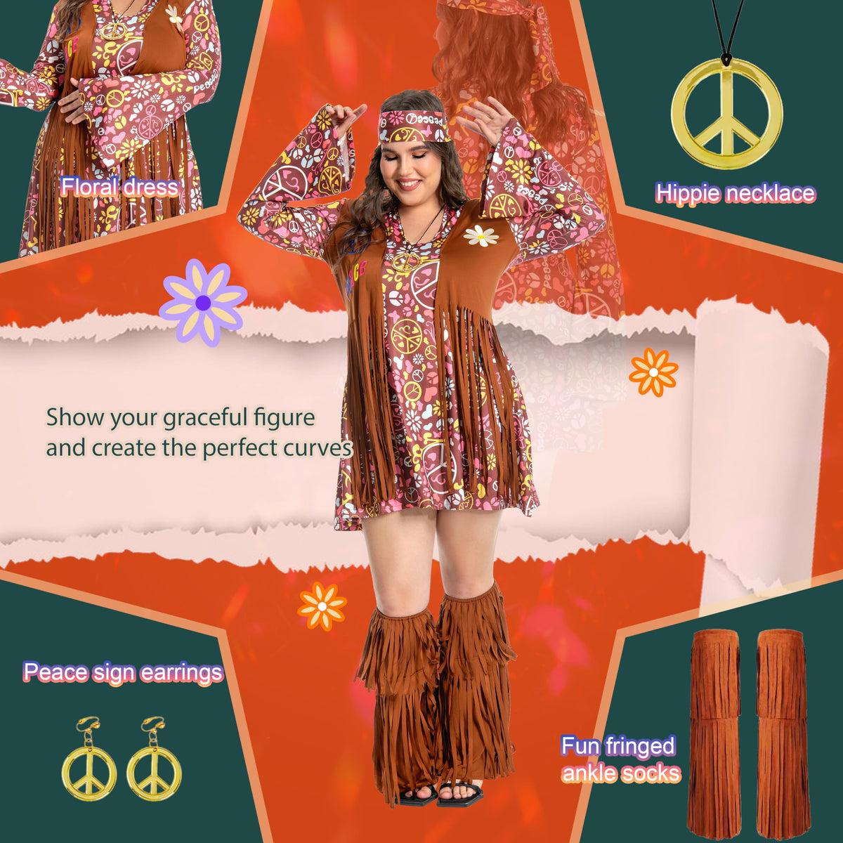 Plus Size Hippie Costume - Women's 70s Floral Dress with Accessories