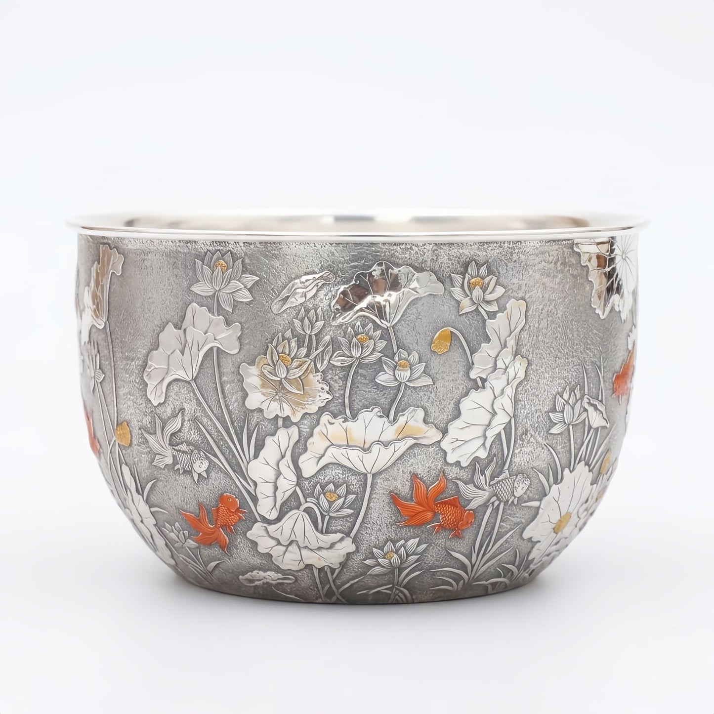 925 Sterling Silver Artisanal Silver Bowl Featuring Ornate Lotus Garden and Swimming Red Fish - Handicraft