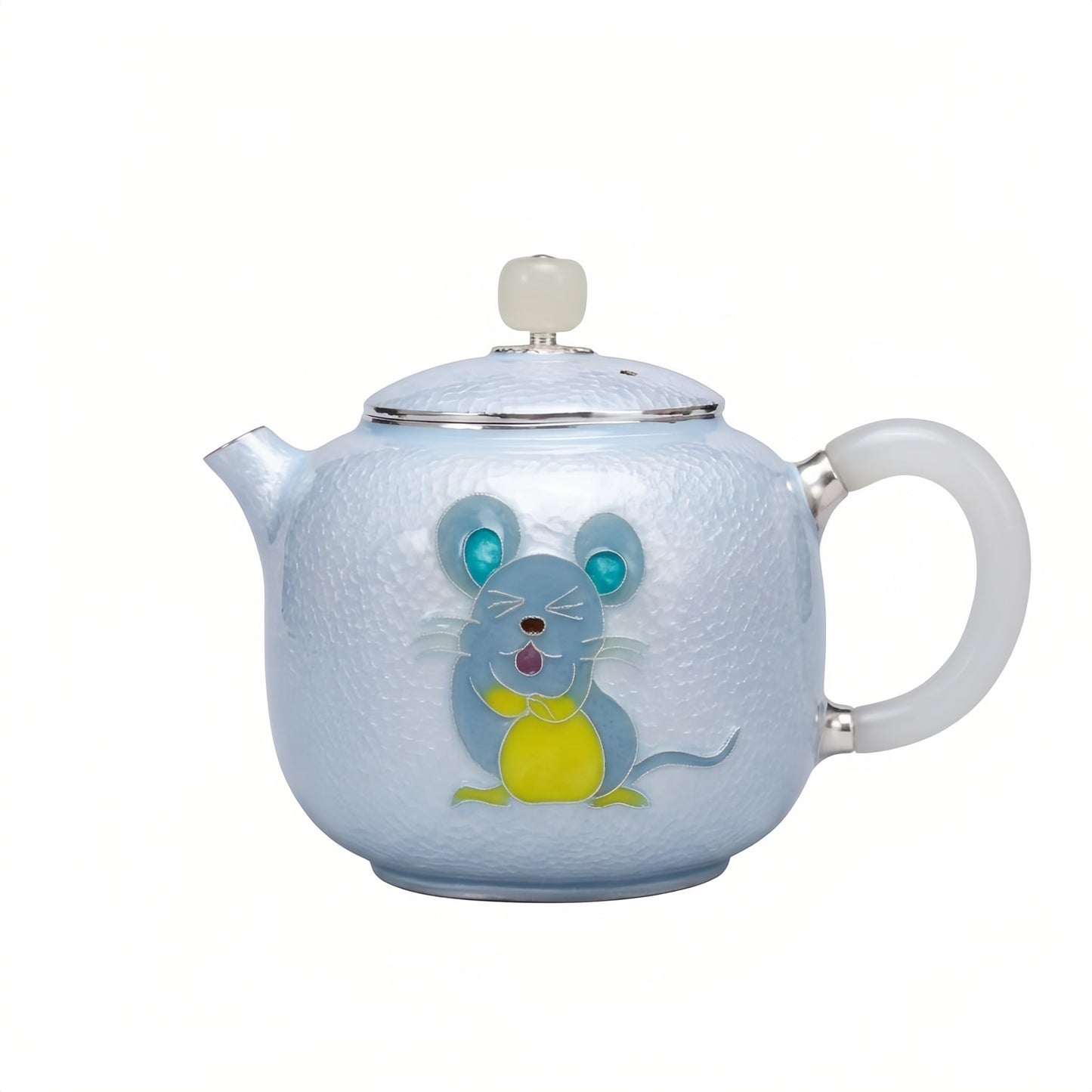 Pure 999 Fine Silver Artistic Blue Enamel Silver Teapot with Playful Mouse Motif and Jade Accents - Handicraft