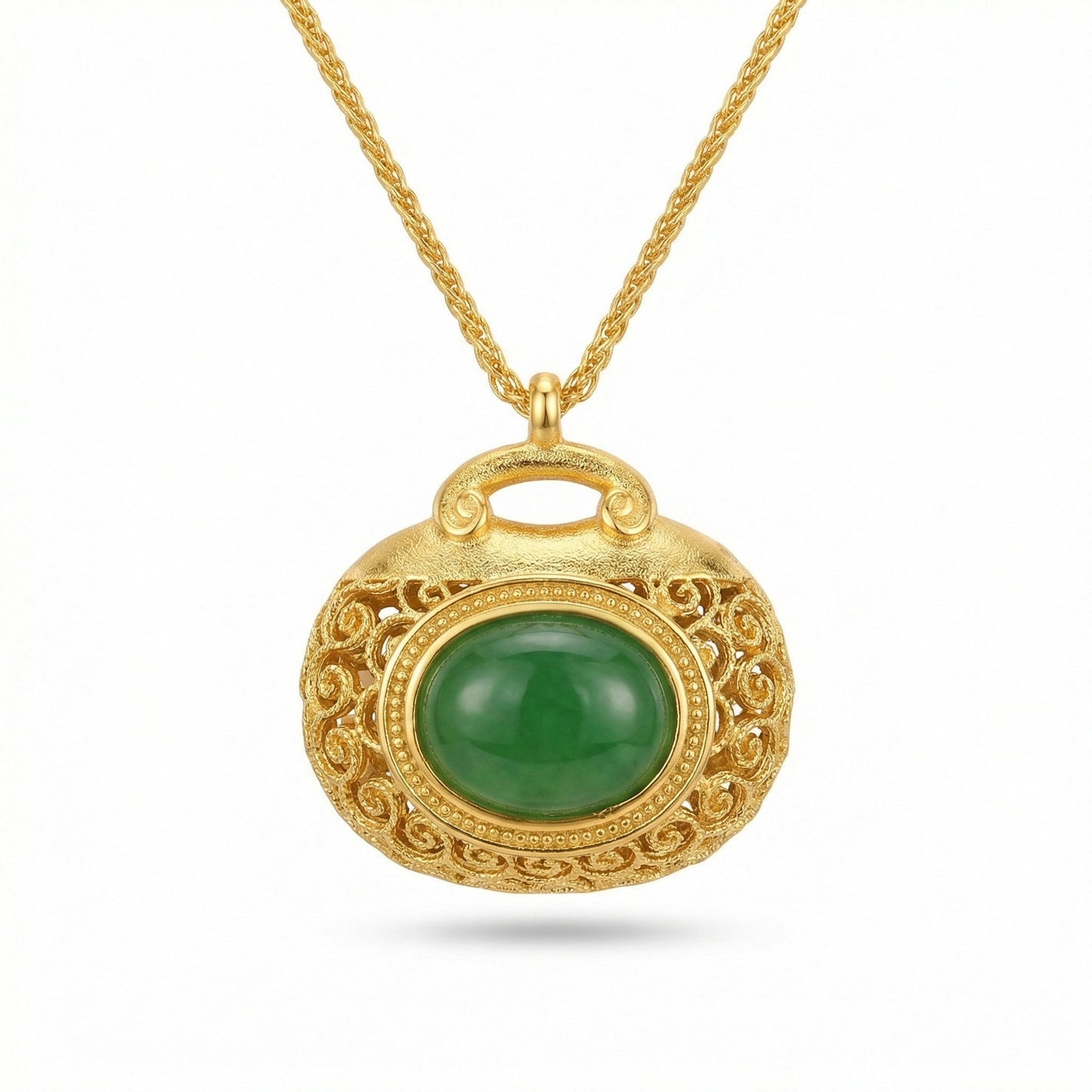925 Sterling Silver Elegant Filigree Green Jadeite Pendant Necklace with Intricate Textured Metallic Detail