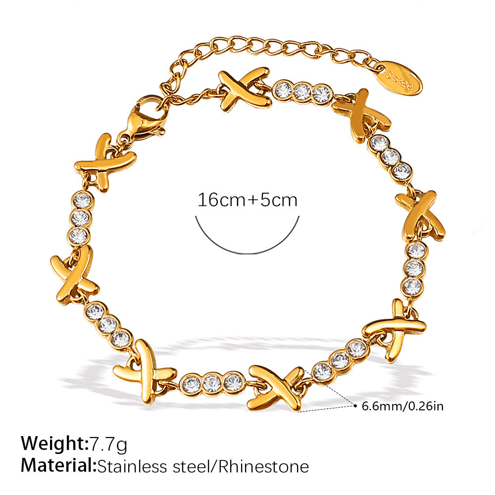 X-shaped Diamond-studded Necklace Set For Ladies - Luxurious And High-end, Featuring A Sparkling Array Of Diamonds And A Stainless Steel Bracelet Accessory.