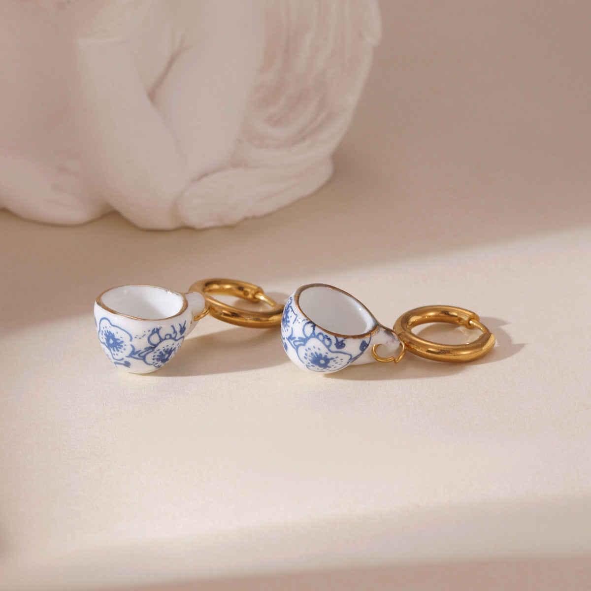 New Chinese Blue And White Porcelain Earrings, 18K Gold Plated Stainless Steel Ceramic Dainty Drop Earrings For Women