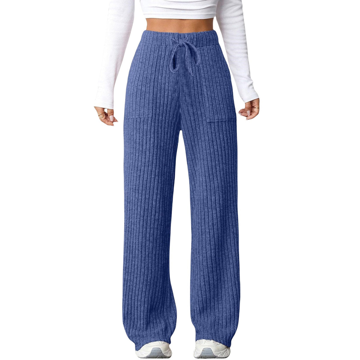 Women's Solid-Color Ribbed Pocket Casual Pants