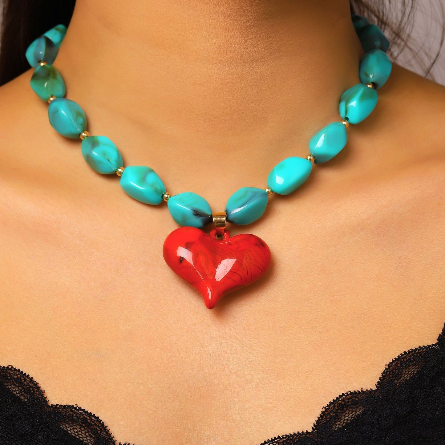 European And American-style Beaded Resin Heart Necklace Vintage