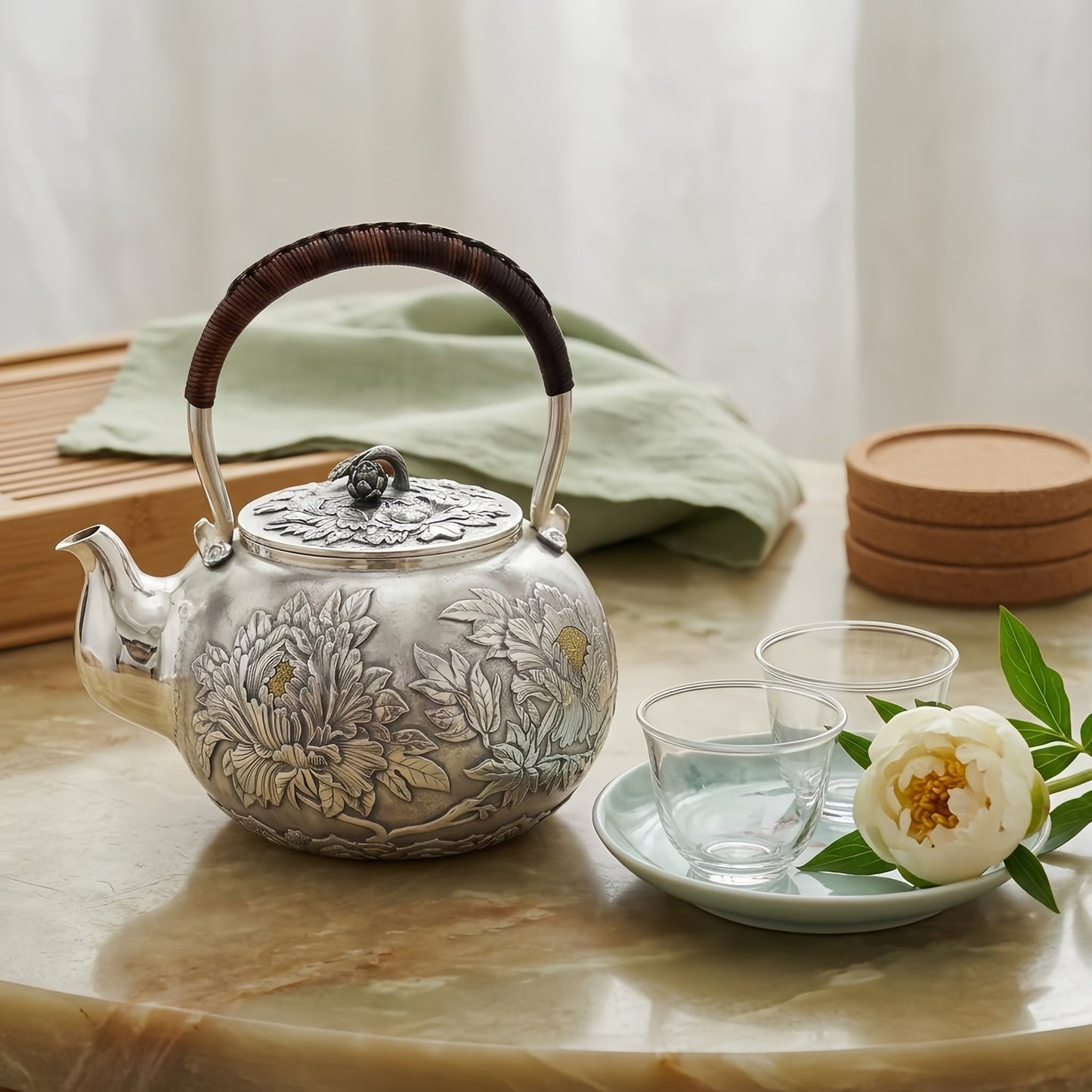 Pure 999 Fine Silver Elegant Silver Teapot with Intricate Peony Engravings and Traditional Woven Handle - Handicraft