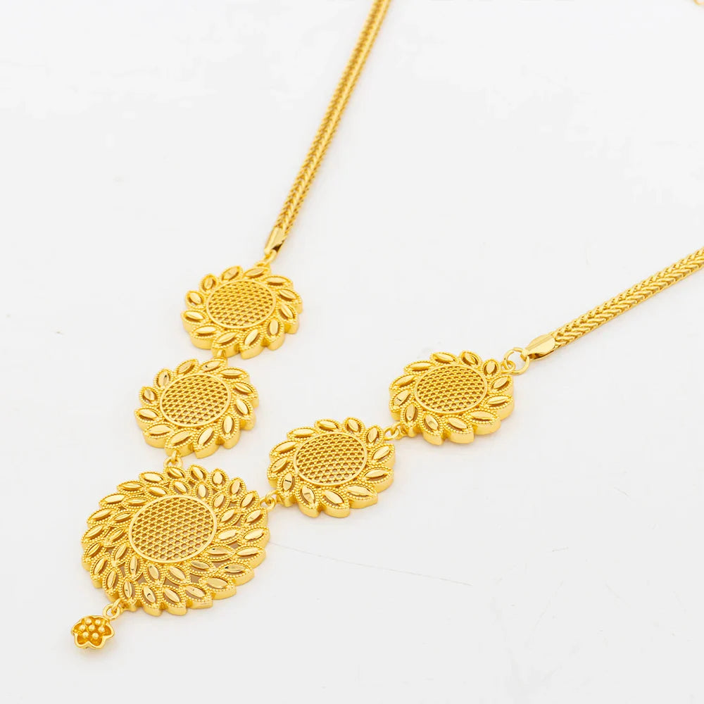 Round Jewelry Set Design for Women African Hot Sale Copper Hoop Earrings Flower Necklace Gold Plated Pendant Party Wedding Gifts