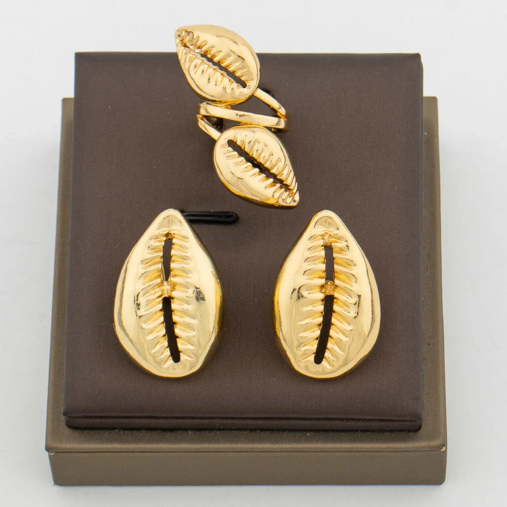 Dubai Gold Color Jewelry Set for Women Weddings Bride Earrings and Ring Brazilian Statement Design Clip Earrings Ring Set Daily