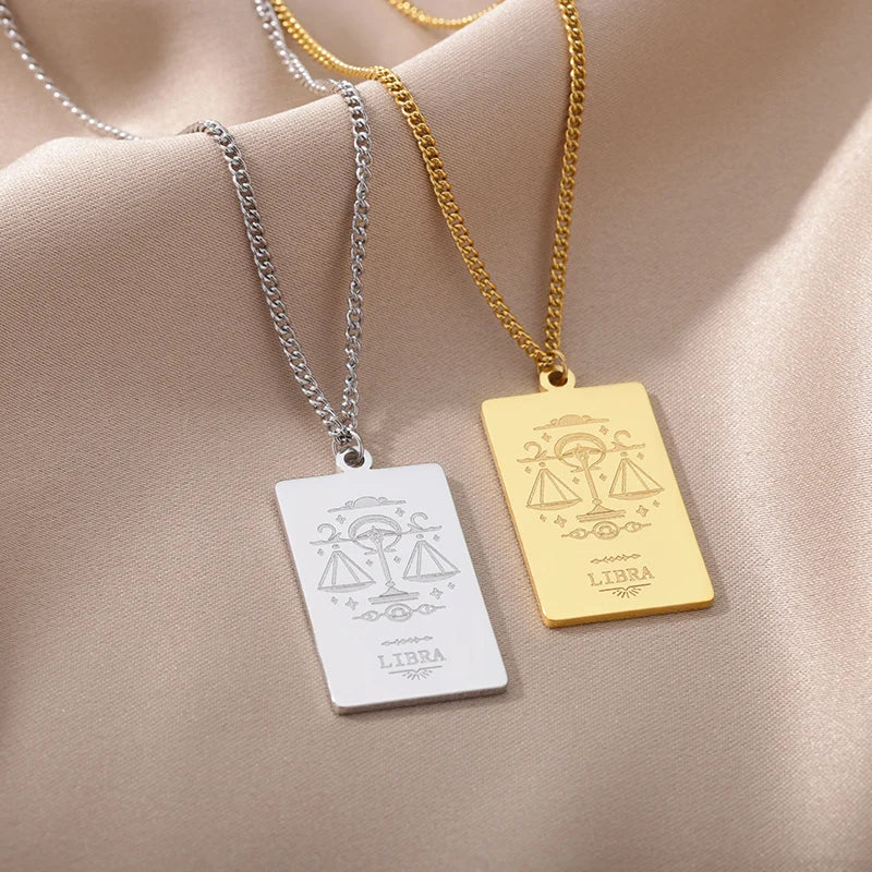 Stainless Steel Zodiac Sign Necklace For Women Vintage Constellation Libra Pendant Chain Collar Aesthetic 2024 New Trend Jewelry