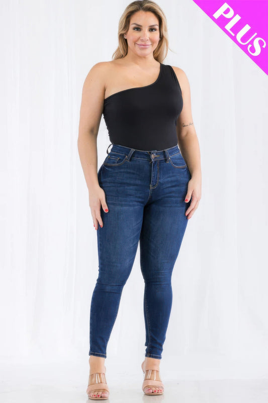 one shoulder solid casual bodysuit