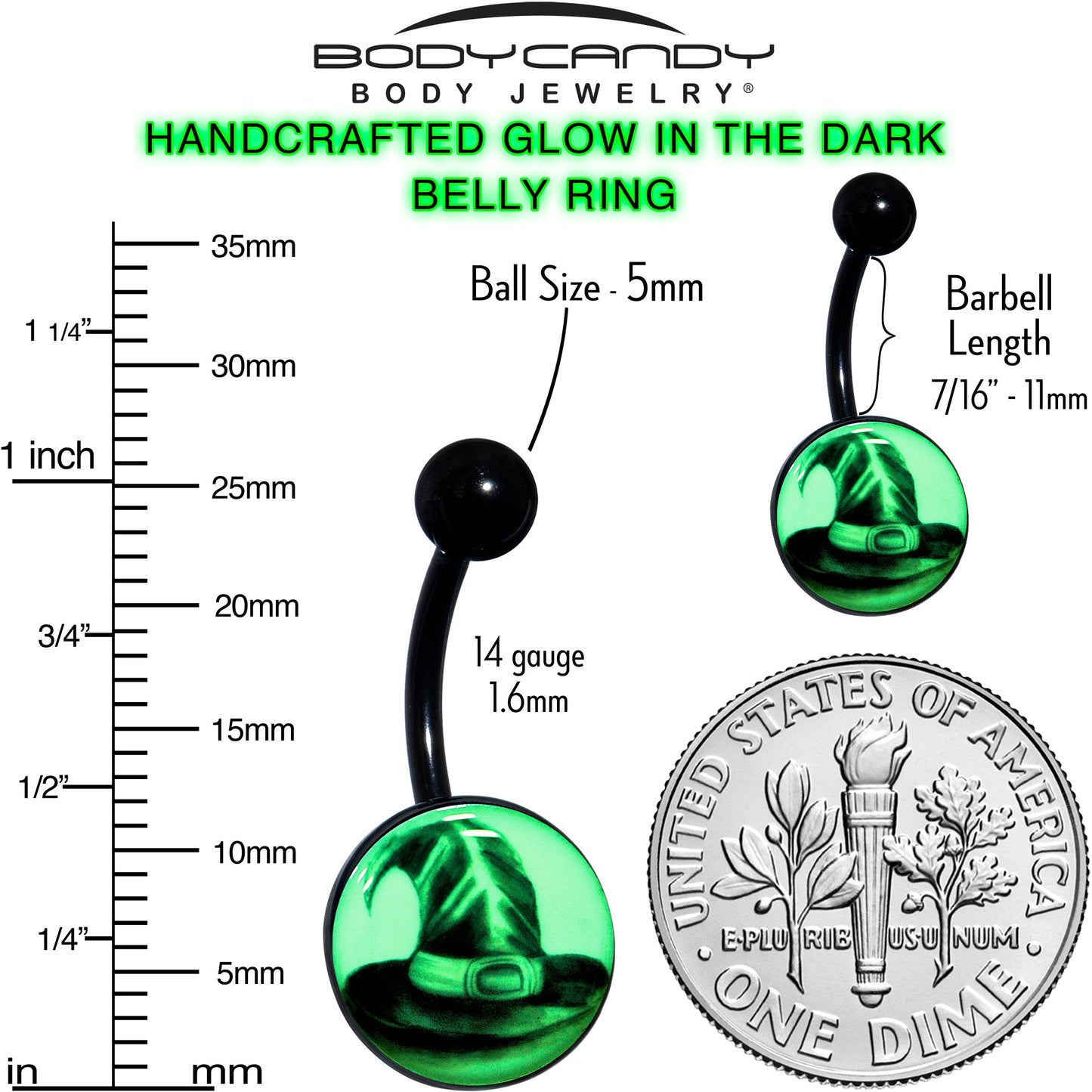 Black Titanium Magic Witch Hat Glow in the Dark Belly Ring