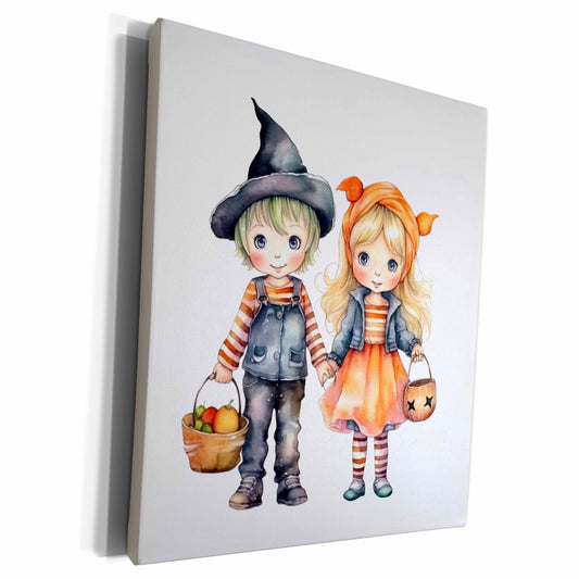 3dRose Halloween Trick Or Treat Boy and Girl Illustration - Museum Grade Canvas Wrap (cw-384085)